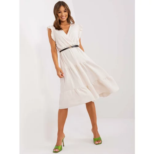Fashion Hunters Light beige dress with frill and belt