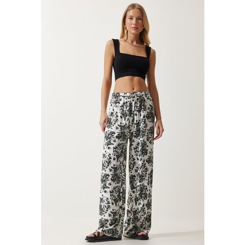  Women Ecru Black High Waist Summer Wide Viscose Trousers Slike