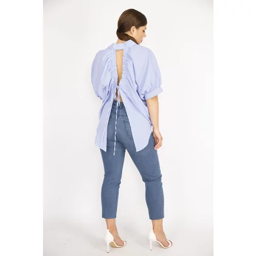 Şans Women's Plus Size Blue Back Slit And Lace Detail Front Buttoned Shirt
