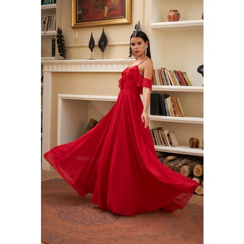 Carmen Red Chiffon Long Evening Dress with Ruffles on the chest. Slike