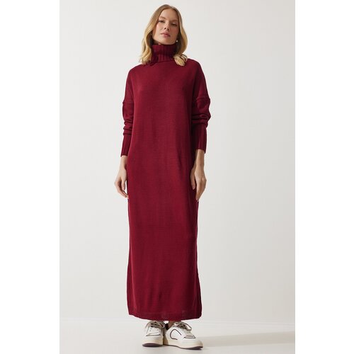  Women's Burgundy Turtleneck Slit Oversize Knitwear Dress Cene