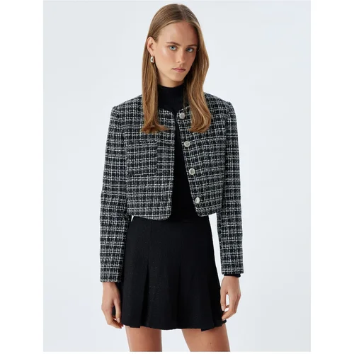 Koton Tweed Crop Jacket Round Neck Pocket Detail Buttoned Wool Blend