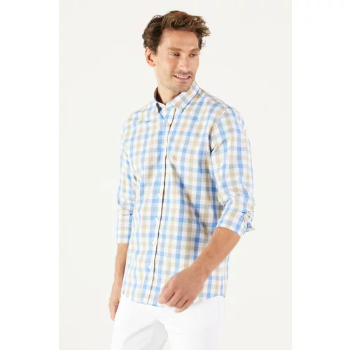 AC&Co / Altınyıldız Classics Men's Beige-Blue Slim Fit Slim Fit Button-down Collar Cotton Check Shirt