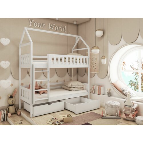 Drveni dečiji krevet na sprat gaja sa fiokom - beli- 190X90Cm Slike