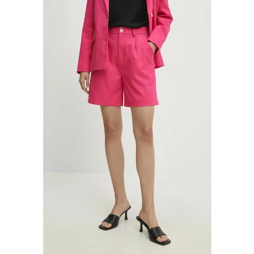 Answear Lab Kratke hlače z lanom roza barva