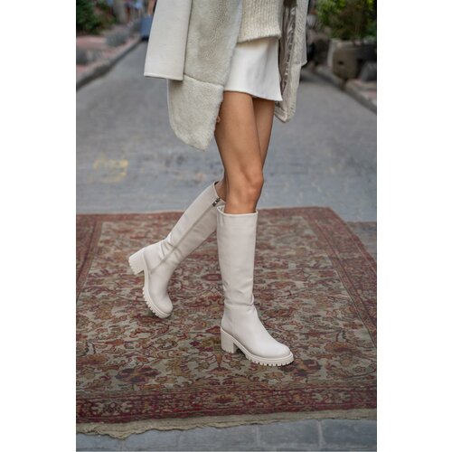 Madamra Beige Women's Knee-Length Heeled Boots Slike