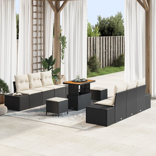 vidaXL 9-delni vrtni sofa komplet z blazinami Črn Poli ratan Acacia Cene