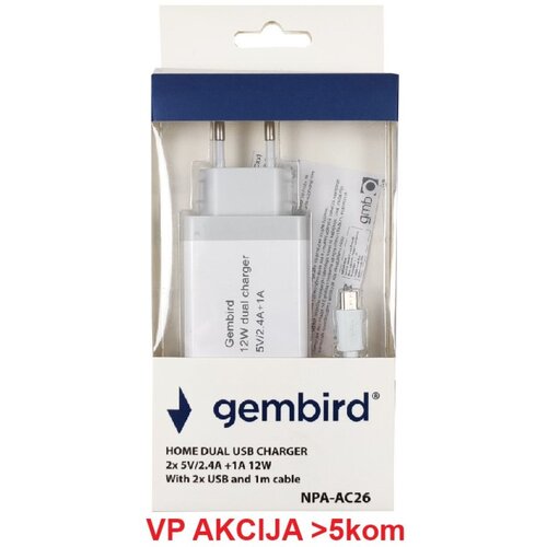 NPA AC26 gembird punjac za telefone i tablete 2x5v 24A+1A 12W +micro usb data kabl 1M 271 Cene