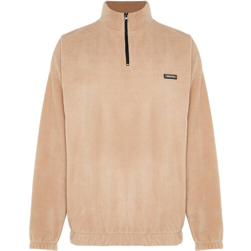 Trendyol Beige Men's Oversize/Wide Fit Sweatshirt with a Zipper Stand-Up Collar Thick Fleece/Plush with Labels. Slike