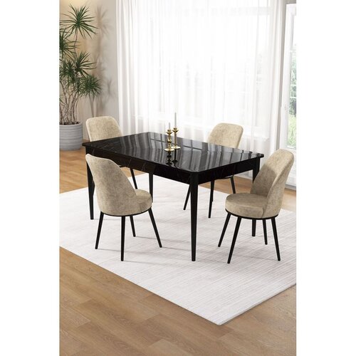 Hanah home trpezarijski set Pir, sto i 4 stolice, ploča u dekoru crnog mermera, krem tkanina Babyface Cene