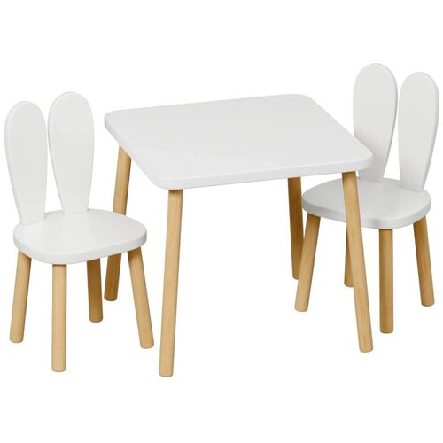 Kinder Home dečiji drveni sto sa 2 stolice bunny, učenje, crtanje, igranje, set za jelo, za dečiju sobu, beli Slike