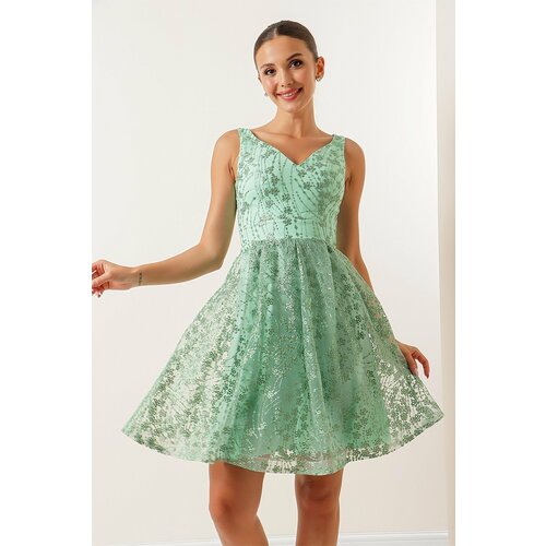 By Saygı V-Neck Lined Lace Dress Mint Slike
