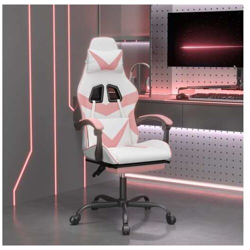  Gaming stol z oporo za noge belo in roza umetno usnje Cene