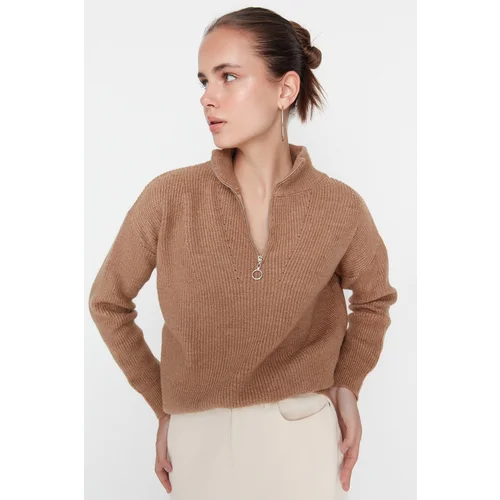 Trendyol Camel Soft Textured Zipper Knitwear Sweater