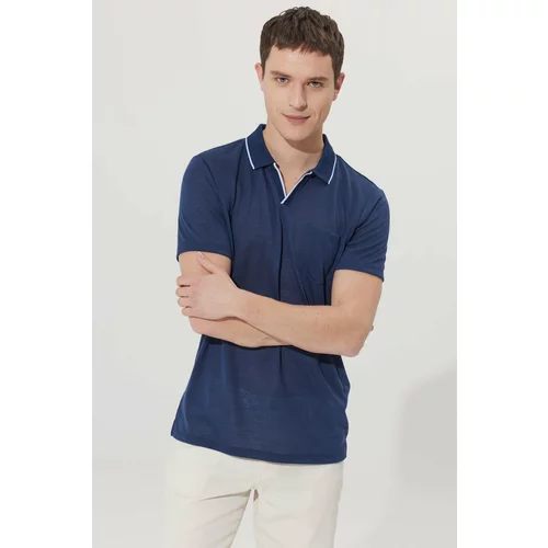 ALTINYILDIZ CLASSICS Men's Navy Blue Slim Fit Slim Fit Polo Neck Linen-Looking T-Shirt with Pockets and Short Sleeves.