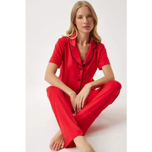 Happiness İstanbul Women's Red Piping Detailed Shirt Trousers Pajama Set