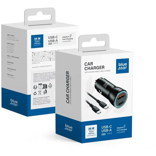  Auto punjač Blue Star 30 W (PD, QC 3.0, AFC) s USB C konektorom i USB CC 60 W kabelom Slike