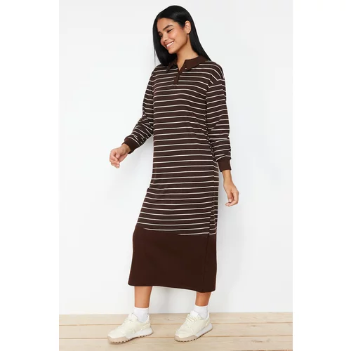 Trendyol Brown Striped Polo Collar Knitted Dress