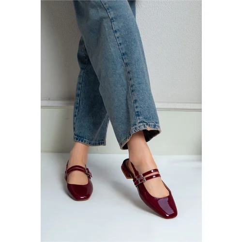 NİŞANTAŞI SHOES Gabriella Claret Red Patent Leather Toe Double Belt Detail Short Heeled Women's Ballerinas