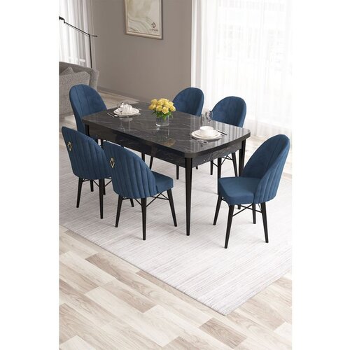 Hanah home Roz - Black Marble, Navy Blue Black MarbleNavy Blue Extendable Dining Table & Chairs Set (7 Pieces) Cene