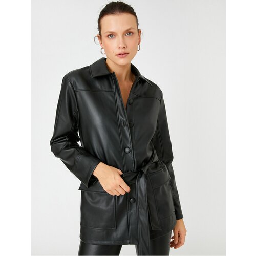 Koton Oversized Leather-Look Jacket with Shirt Collar With Belt Slike