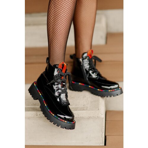 Boto Leather Patent Ankle Boots Worker With Zipper Black Anafra Cene