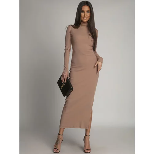 Fasardi Maxi dress with turtleneck and cappuccino side slit