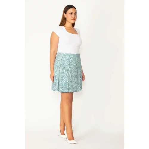 Şans Women's Plus Size Turquoise Cotton Fabric Hidden Elastic Waist One Side Pleated Skirt
