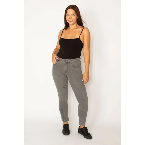 Şans Women's Plus Size Gray Lycra 5 Pockets Jeans Pants