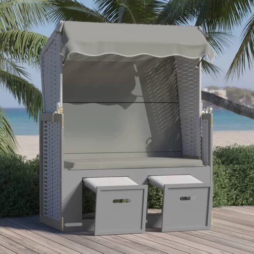 vidaXL Stol za na plažo s streho poli ratan in trden les siv