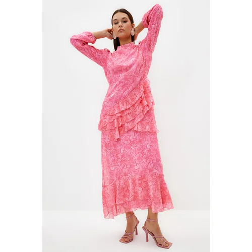 Trendyol Pink Floral Skirt Ruffled Lined Woven Chiffon Dress