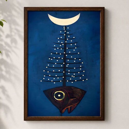 Wallxpert uramljena mdf slika 3752KACT-030, riba sa svetlećim granama ispod polumeseca na tamnoplavoj, 37 x 52 cm Cene