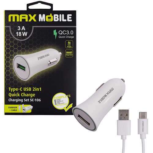 MAXMOBILE auto adapter usb SC-106 qc 3.0,18W quick charge 3A + type c crni Slike