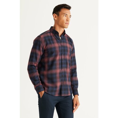ALTINYILDIZ CLASSICS Men's Navy Blue-Claret Red Slim Fit Narrow Cut Button Collar Cotton Shirt Slike