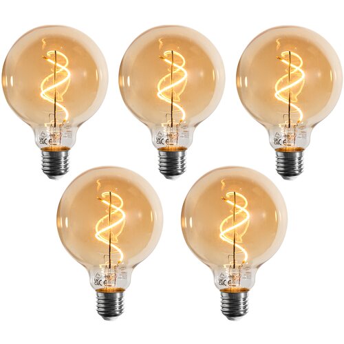 LUEDD Set van 5 E27 dimbare LED lamp spiraal filament G95 goud 4W 270 lm 2100K Slike