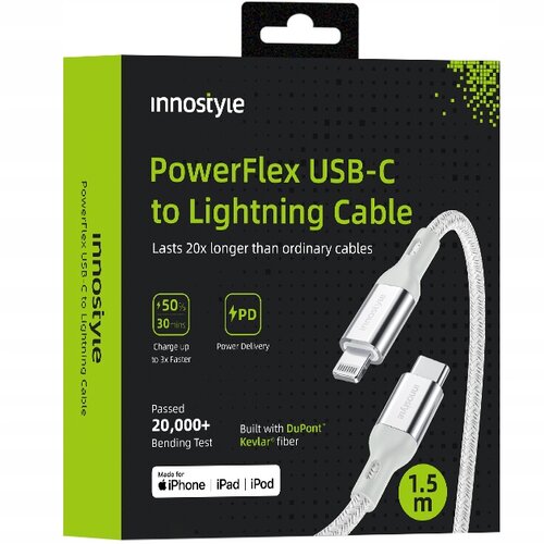 Innostyle POWERFLEX USB-C LIGHTNING MFI KABEL ZA HITRO POLNJENJE ZA IPHONE KEVLAR 2M SREBRN, (21748058) Cene