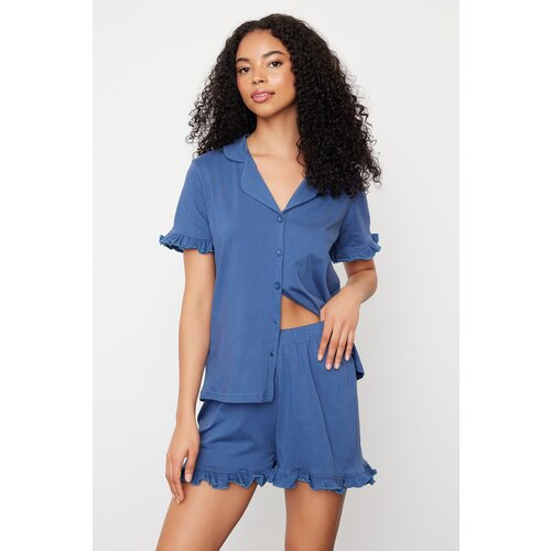 Trendyol Indigo 100% Cotton Ruffle Detailed Knitted Pajama Set Slike