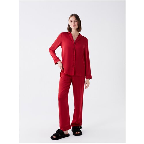 LC Waikiki Women&amp;#039;s Pajamas Set with a Shirt Collar Plain Long Sleeved Satin Slike