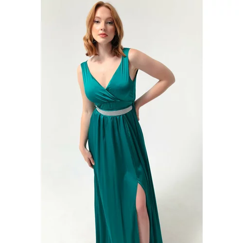 Lafaba Women's Green Double Breasted Neck Stoned Belted Long Evening Dress