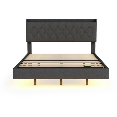 Lumor Kapitonirana postelja 140x200 cm iz lanu – z USB-polnilnikom in LED – z letvenim dnom – siva, (22151053) Cene