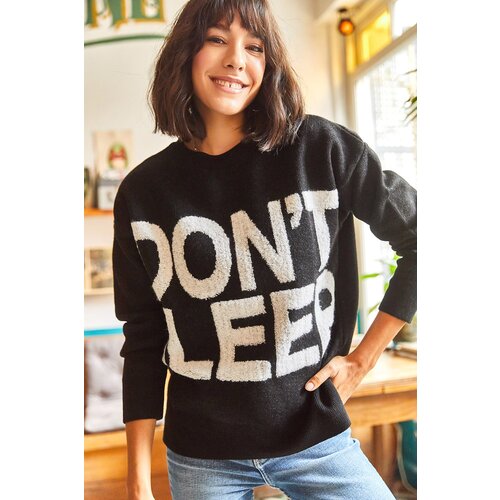 Olalook Women&amp;#039;s Black Embossed Letter Oversized Thick Knitwear Sweater Slike