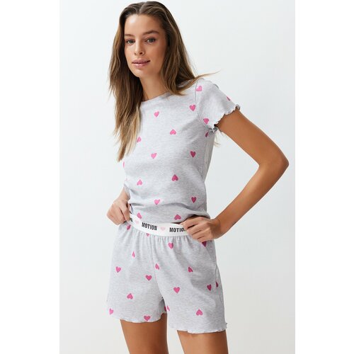 Trendyol Gray Melange Heart Slogan Printed Rubber Detailed Ribbed Knitted Pajamas Set Cene