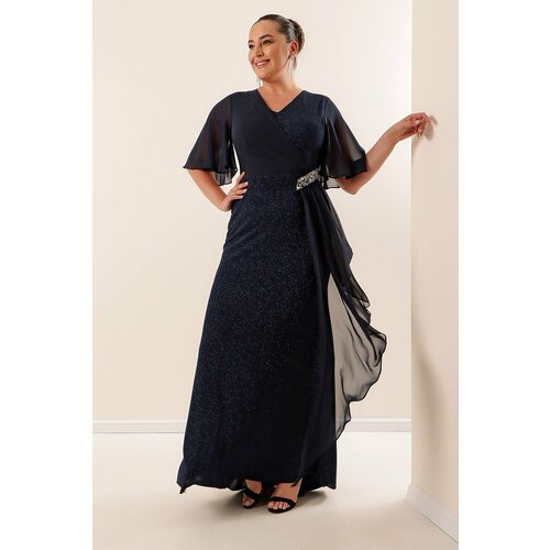 By Saygı Plus Size Glittery Long Dress with Chiffon Sleeves and Stone Accessory Lined Wide Sizes Saks. Slike