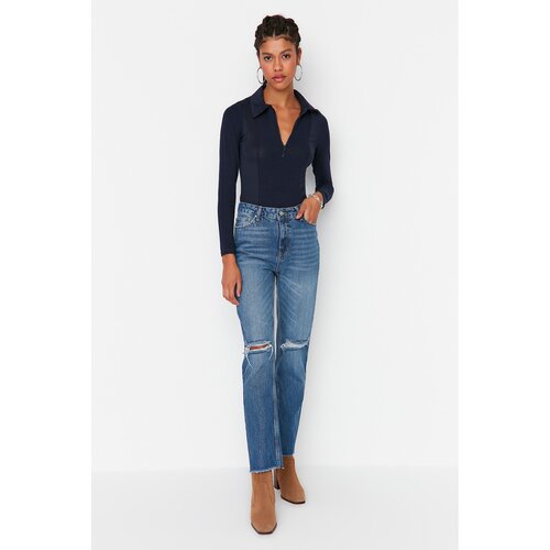 Trendyol Blue Ripped Detailed High Waist Bootcut Jeans Slike