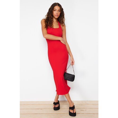 Trendyol red fitted square neck ribbed flexible knitted dress Cene