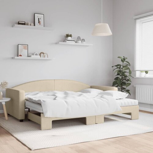 The Living Store Izvlečna dnevna postelja z vzmetnico krem 90x200 cm blago - Izvlečna Dnevna Postelja, (21496917) Slike
