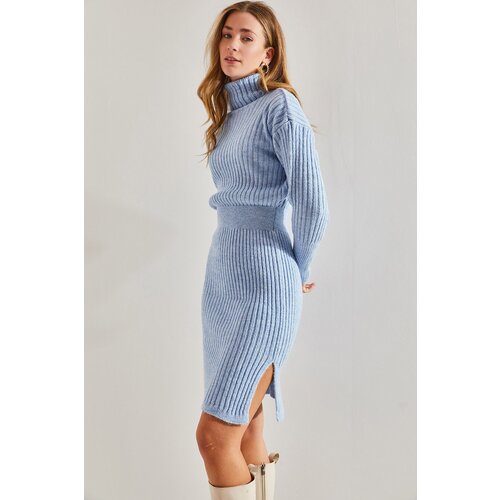 Bianco Lucci Women&amp;#039;s Turtleneck Sweater with Elastic Waist Skirt Top and Bottom Knitwear Set Slike