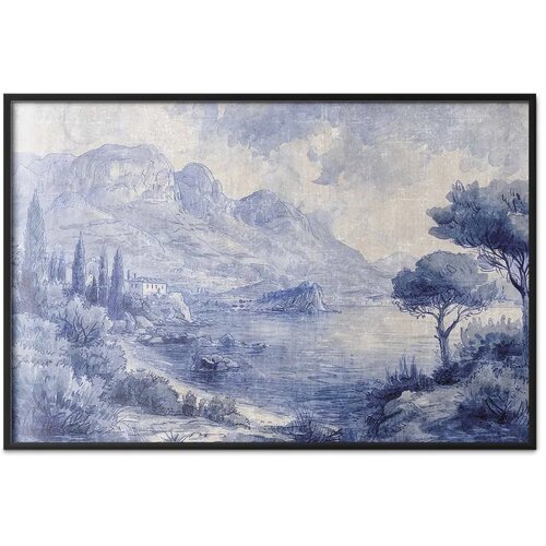  Plakat - Blue Bay - Italian Landscape of Lake Como Painted in Blue Ink 60x40 Crni okvir Slike