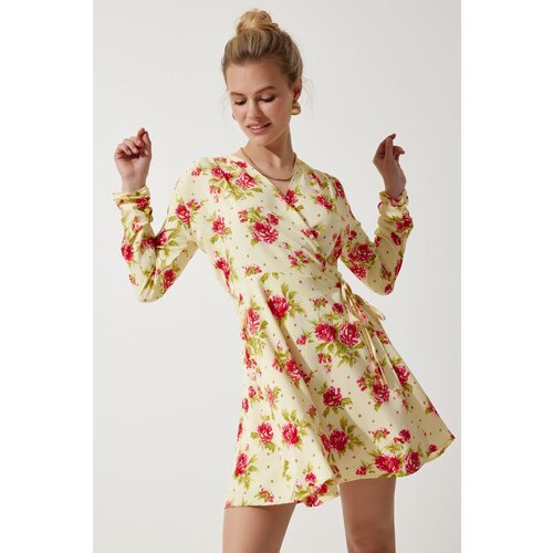 Women's Yellow Floral Mini Wrapped Chiffon Dress Slike