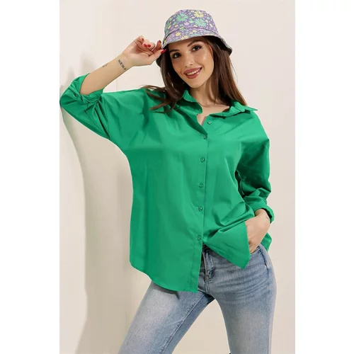 By Saygı Oversize Long Basic Shirt Green